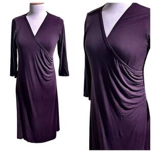 YALA Purple Plum Organic Bamboo Midi Wrap Dress Surplice Neckline - Large